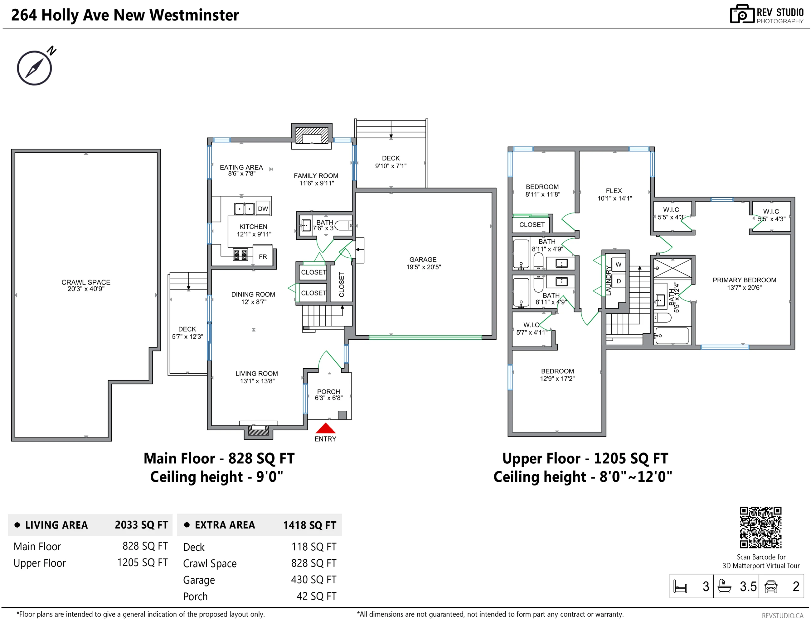 Floor plan of 264 Holly Avenue: the main floor with the living room, the dining room, the kitchen, the eating area, the family room, a powder room, three closets, the porch, two decks and the attached garage, with the crawl space drawn beside it; the upper floor with the primary bedroom and its bathroom and two walk-in closets, two more bedrooms, two bathrooms, a walk-in closet, a closet, the flex room and the laundry